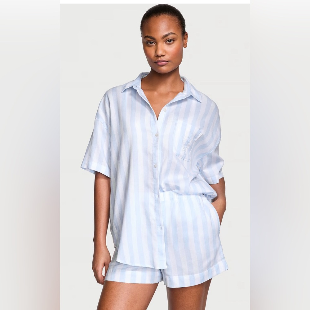 Victoria Secret Modal-Cotton Short Pajama Set - Blue Crescent Stripes